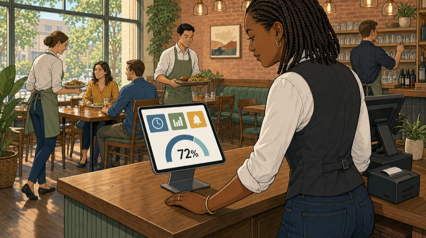 Manager reading the live labor cost dashboard on a POS handheld during service