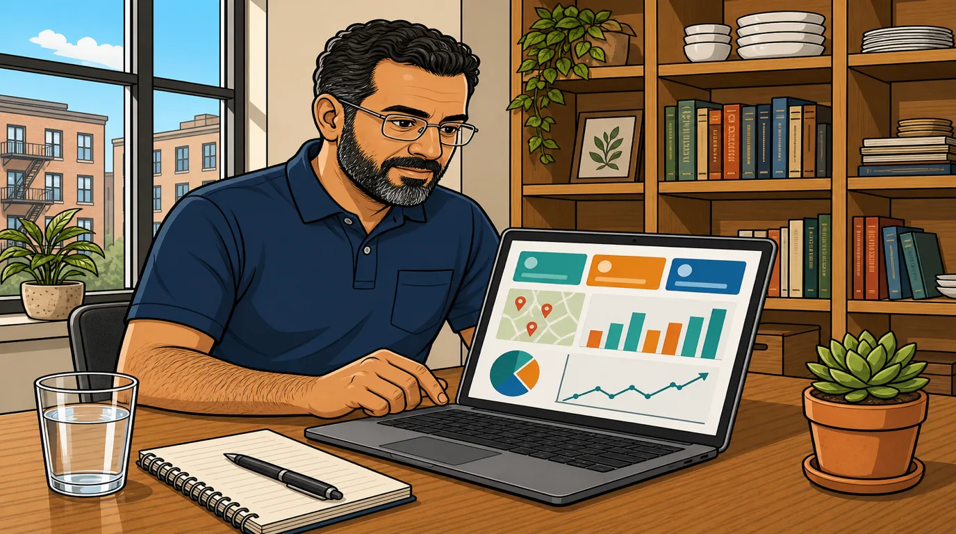Restaurant manager reviewing local SEO dashboard with Map Pack rank and review velocity