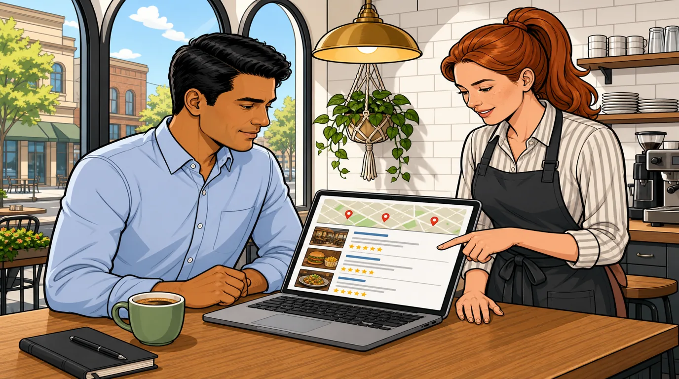 Restaurant owner reviewing Google Business Profile and Map Pack results on a laptop