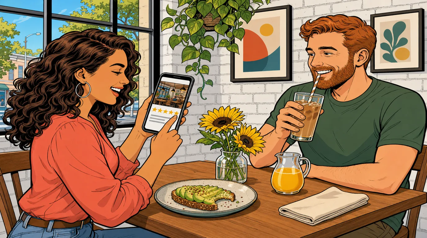Customer leaving a five-star Google review for a restaurant on a smartphone