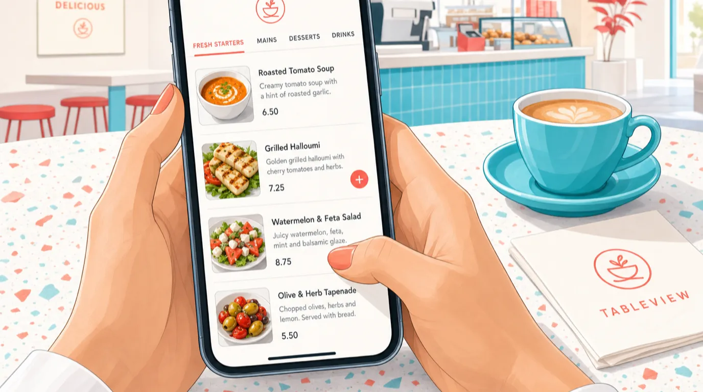 Des mains tiennent un téléphone sur lequel s'affiche un menu comprenant des vignettes de photos, des prix et des onglets de catégories