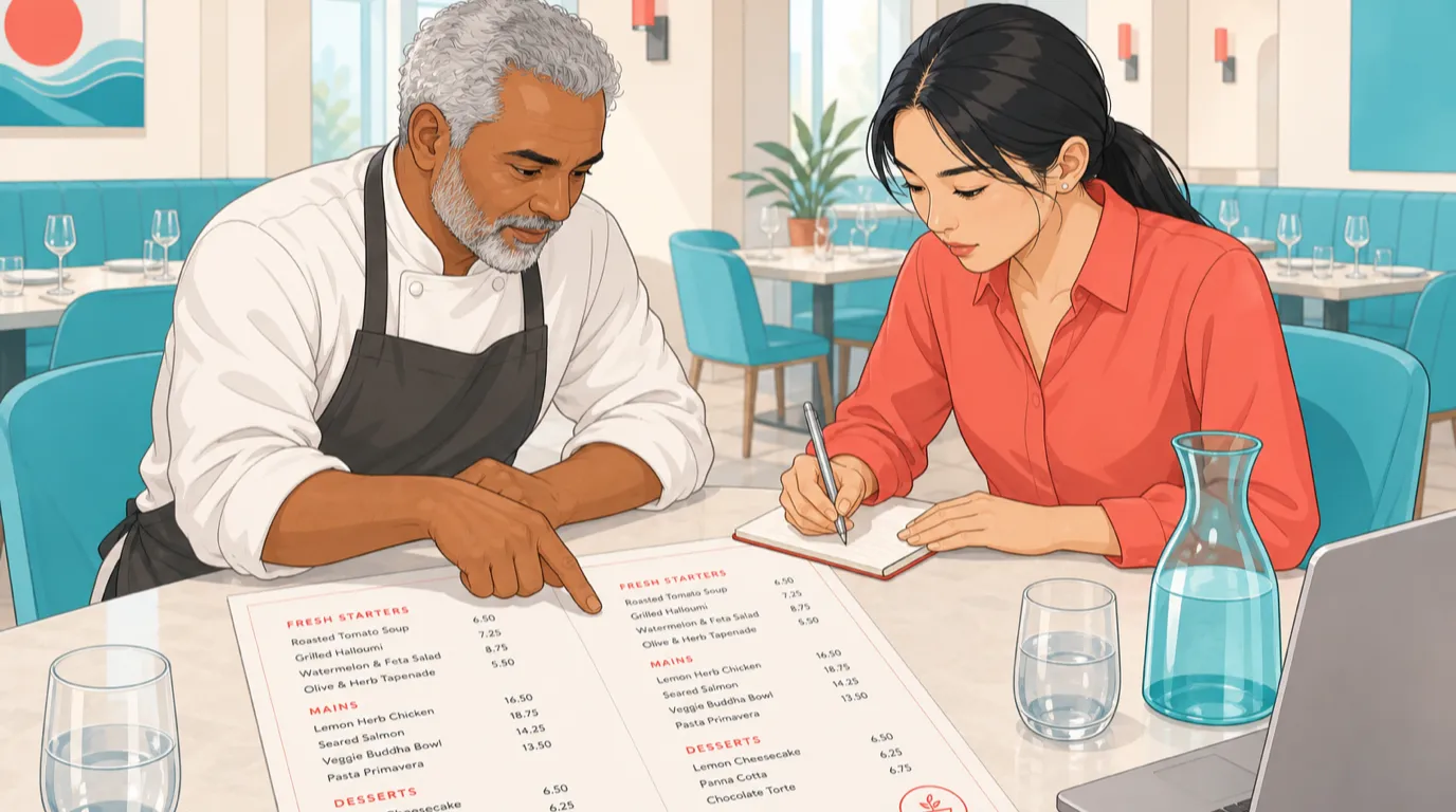 Un chef désigne un plat sur une épreuve imprimée du menu tandis qu'un collègue note les modifications