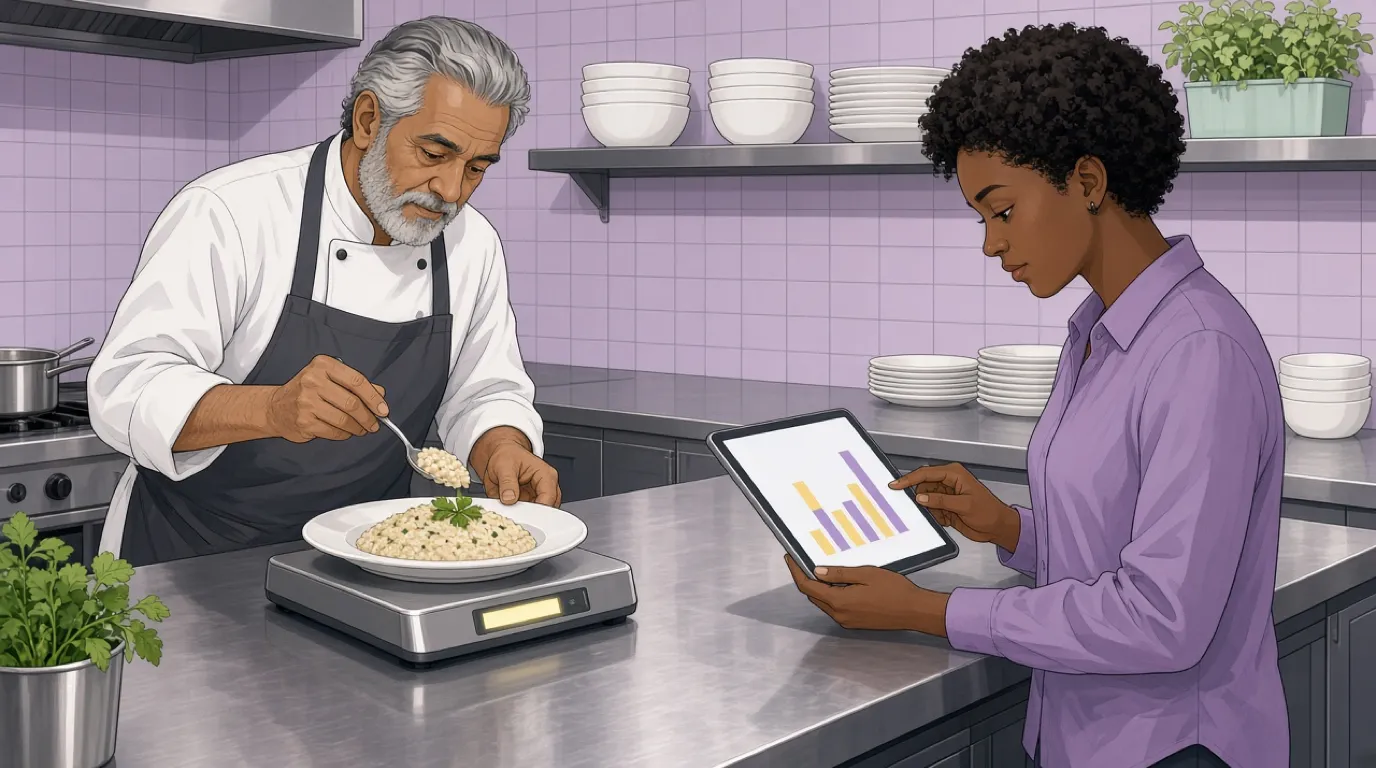 Uno chef pesa una porzione di risotto mentre la responsabile controlla i costi su un tablet