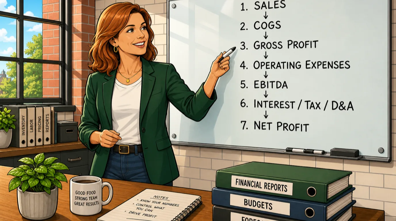 Whiteboard showing the seven sections of a restaurant profit and loss statement in a sunlit office
