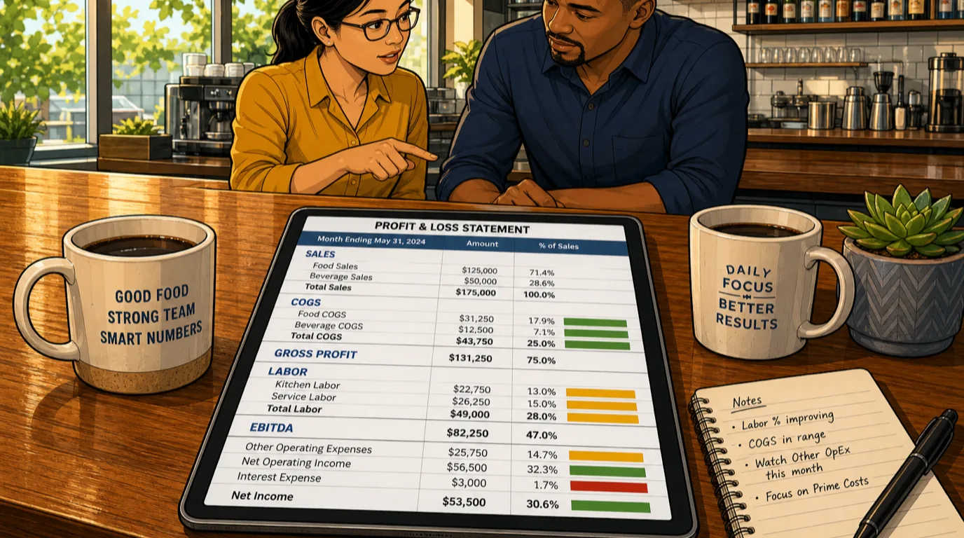 Restaurant operator and bookkeeper reviewing a profit and loss statement on a tablet at the bar in the morning
