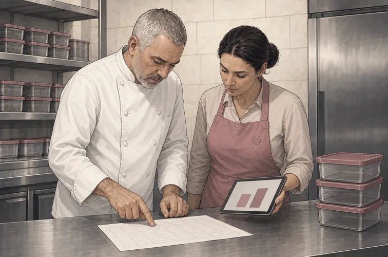 Lo chef e il responsabile confrontano un foglio di consumo settimanale con i contenitori preporzionati su un piano di lavoro in acciaio