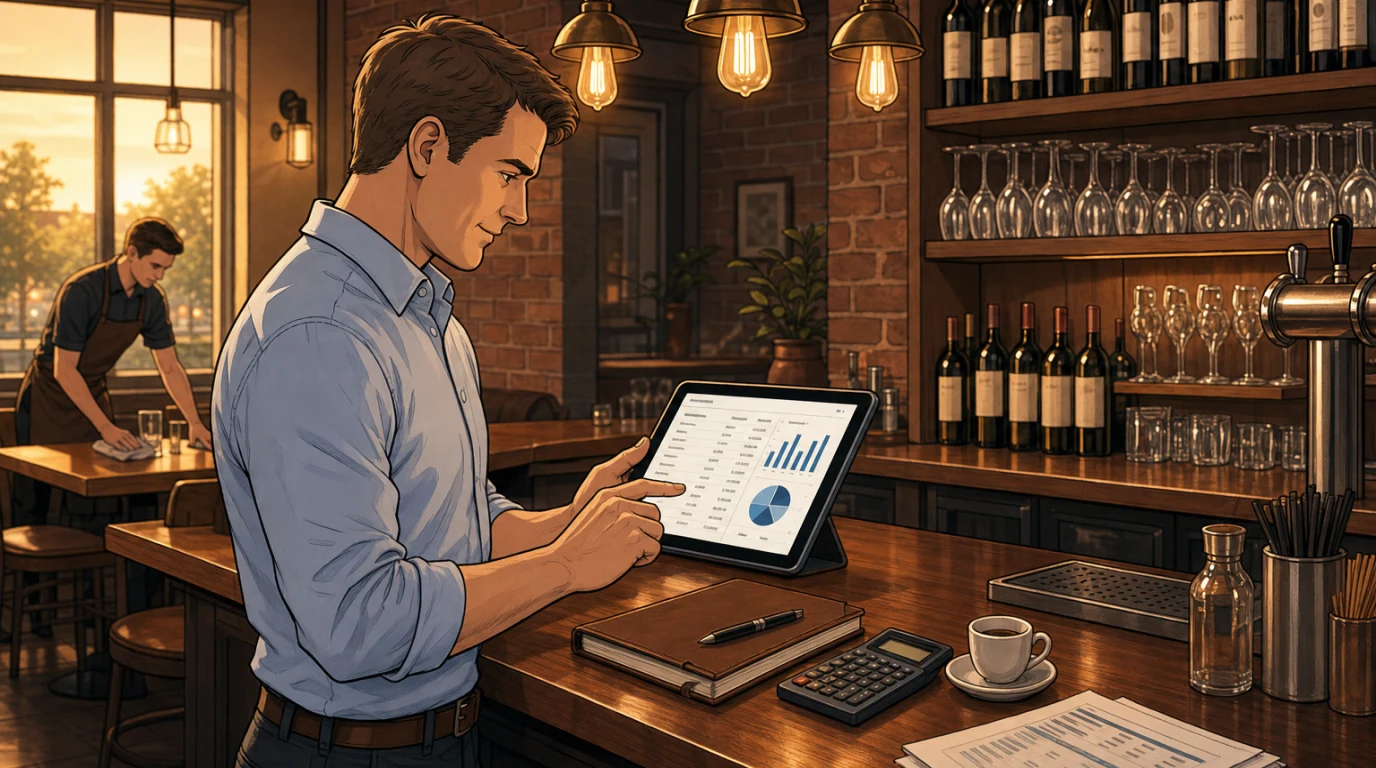 Restaurant manager reviewing prime cost on a tablet at the bar