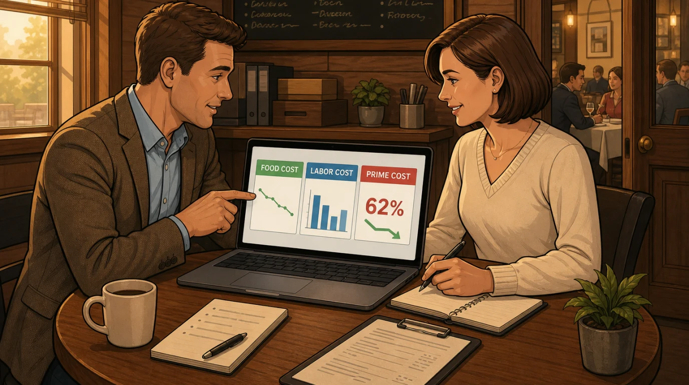 Restaurant manager reviewing weekly prime cost dashboard on a laptop
