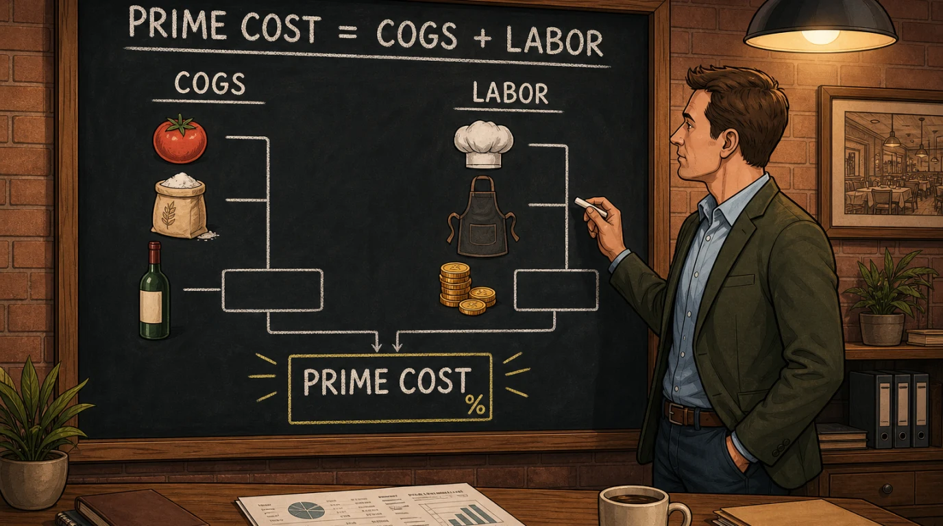 Restaurant prime cost formula on a chalkboard with COGS and labor components