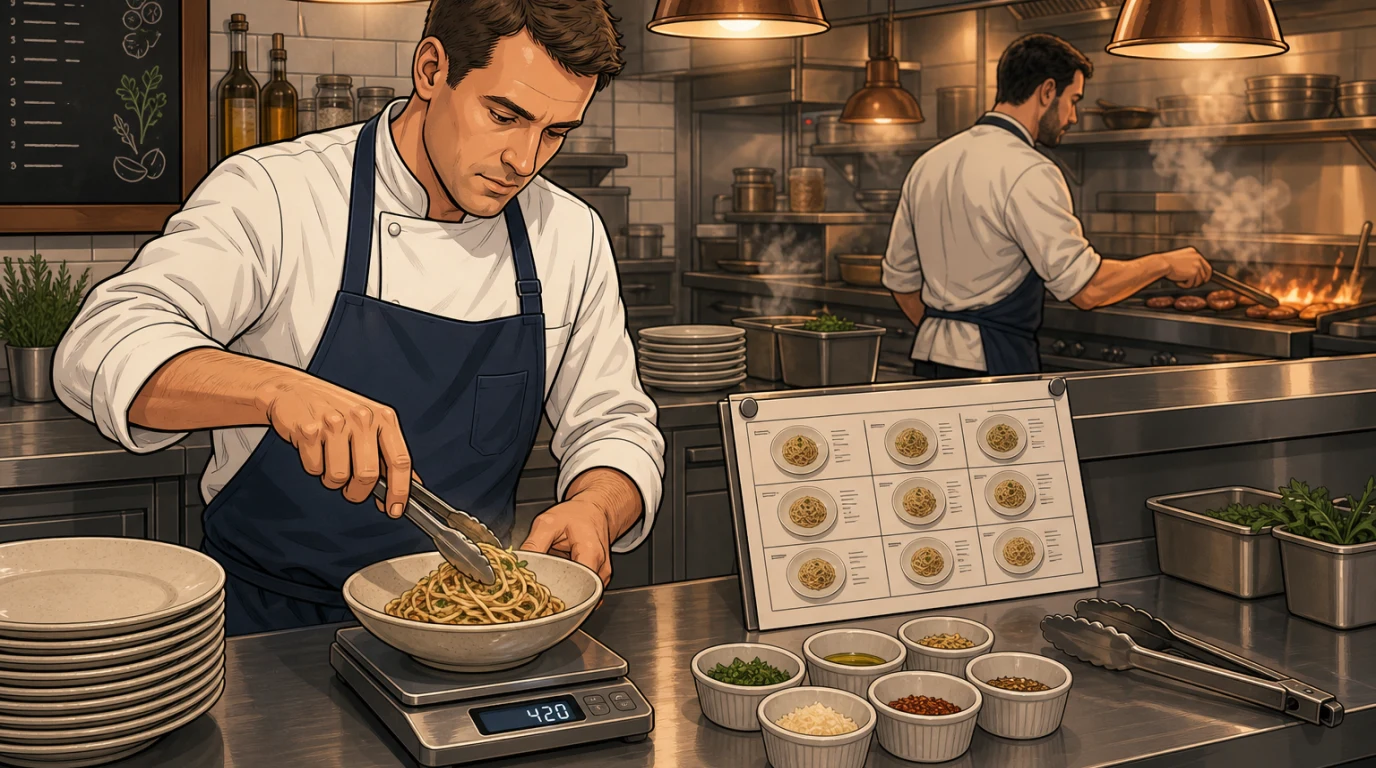 Chef checking portion sizes on a kitchen line during service