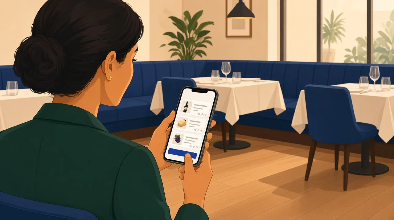 Eine Restaurantleiterin genehmigt vor Beginn des Service im leeren Speisesaal eine Lieferantenbestellung auf ihrem Smartphone