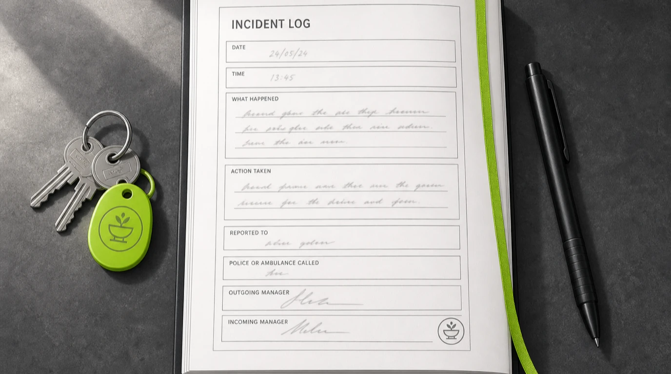 Una pagina aperta del registro degli incidenti, con campi stampati per data, ora, accaduto, azione intrapresa e le firme di entrambi i responsabili