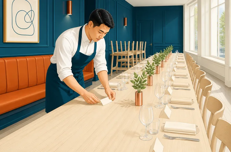 Serveur disposant des marque-places sur une longue table commune dans une salle vide et ensoleillée