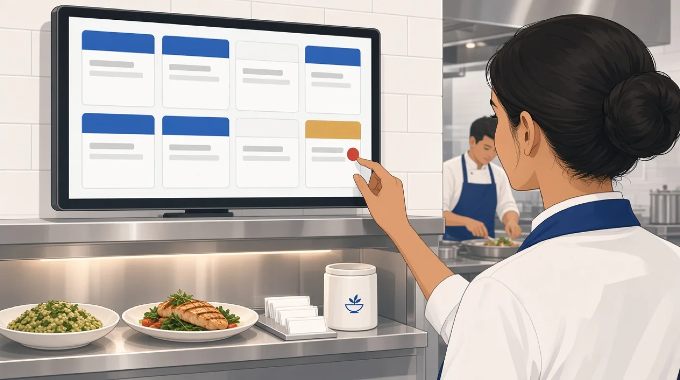 A chef at the pass taps an order flagged with a red allergen marker on the kitchen display screen