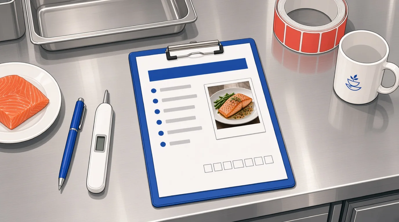 A one-page SOP template on a blue clipboard, with a dish photo, probe thermometer and salmon portion on a steel counter