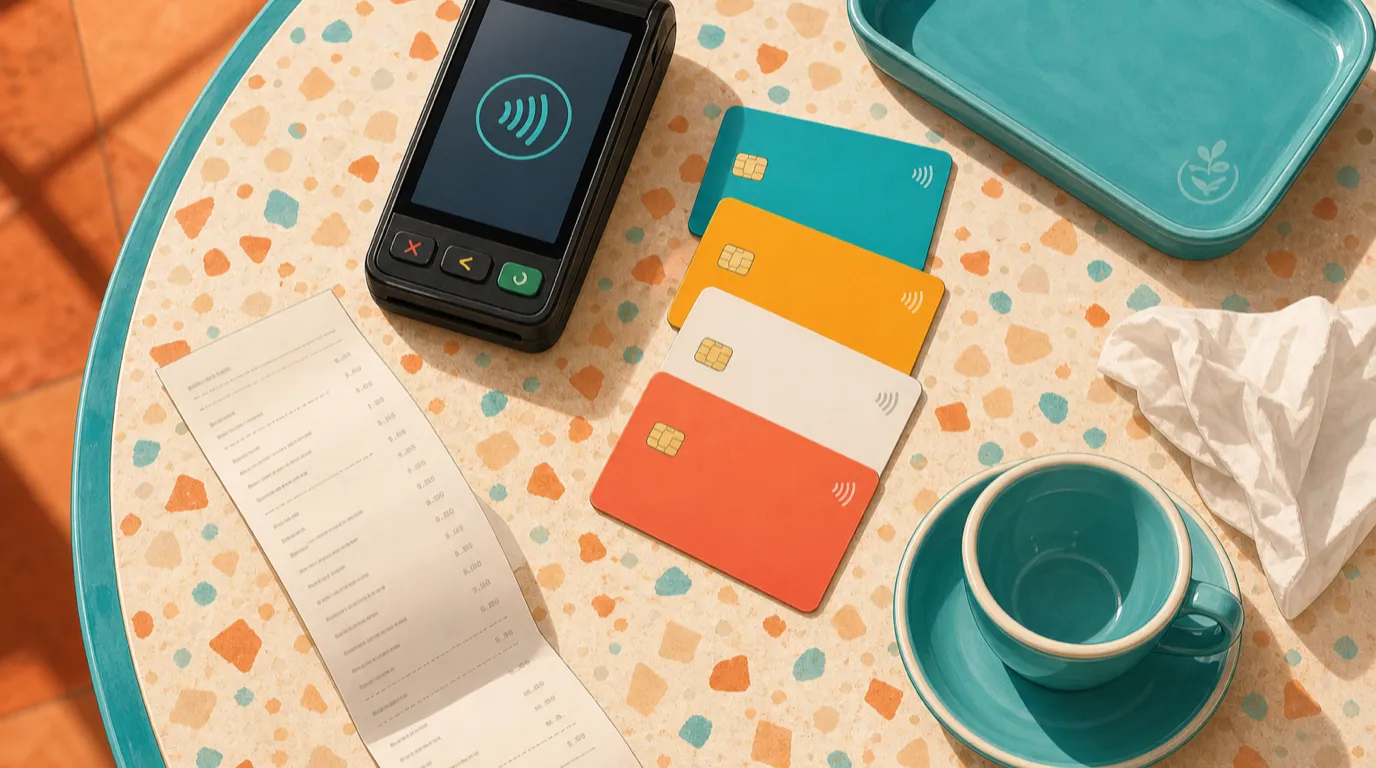 Quatre cartes bancaires disposées en éventail sur une table de café, à côté d'un terminal de paiement et d'une addition détaillée imprimée