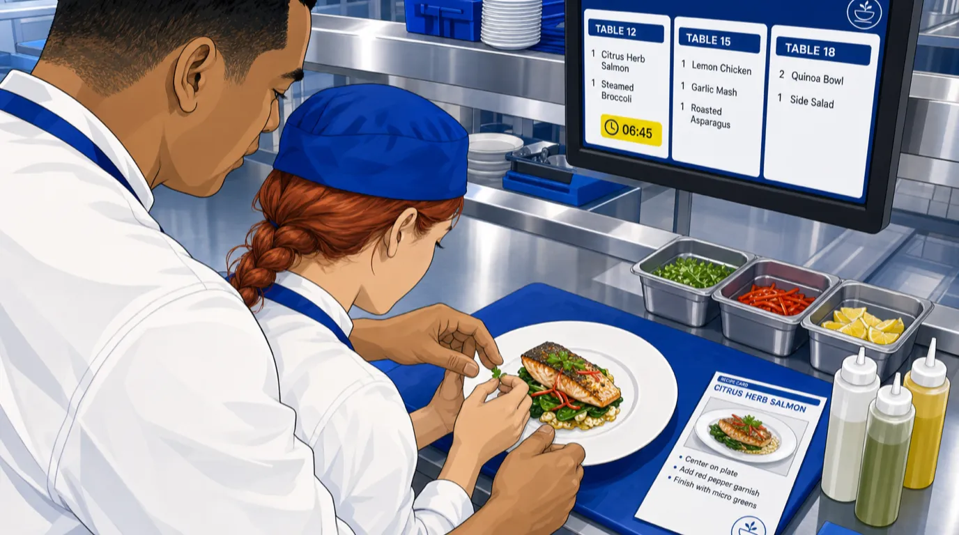 Uno chef osserva un apprendista mentre guarnisce un piatto accanto a uno schermo su cui sono visualizzati gli ordini della cucina a vista
