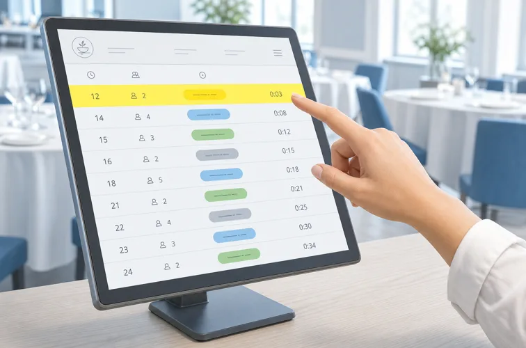 Un doigt survole une ligne mise en surbrillance sur un écran qui classe les tables par temps écoulé