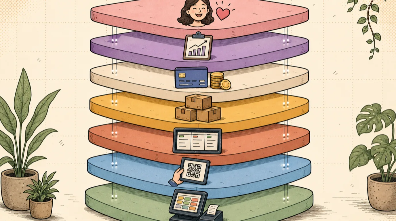 Seven-layer restaurant tech stack architecture diagram