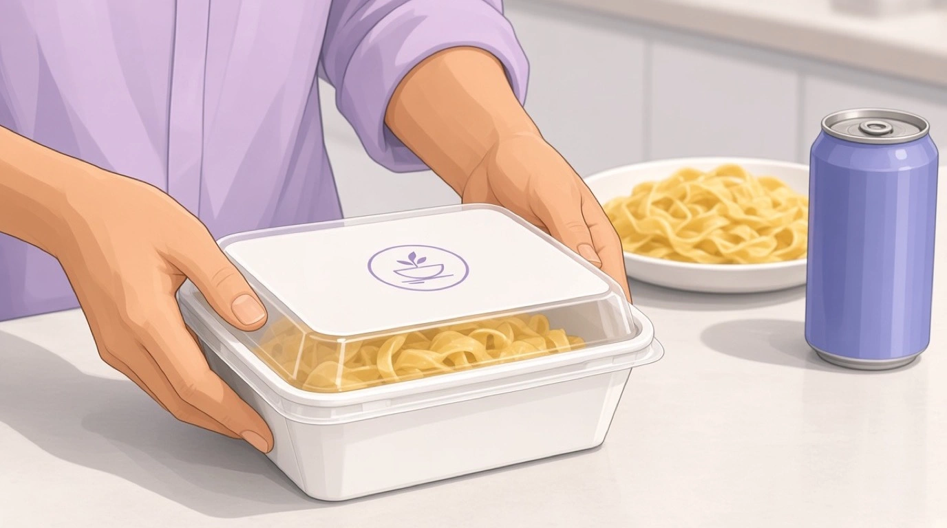 Des mains faisant glisser un récipient à emporter hermétique sur un comptoir, à côté d'une assiette de pâtes