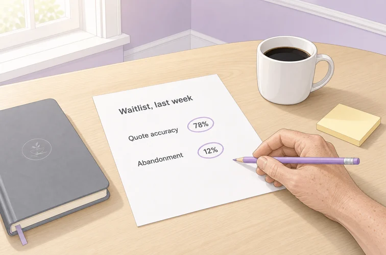 Hand circling figures on a weekly report showing 78 percent accuracy and 12 percent abandonment