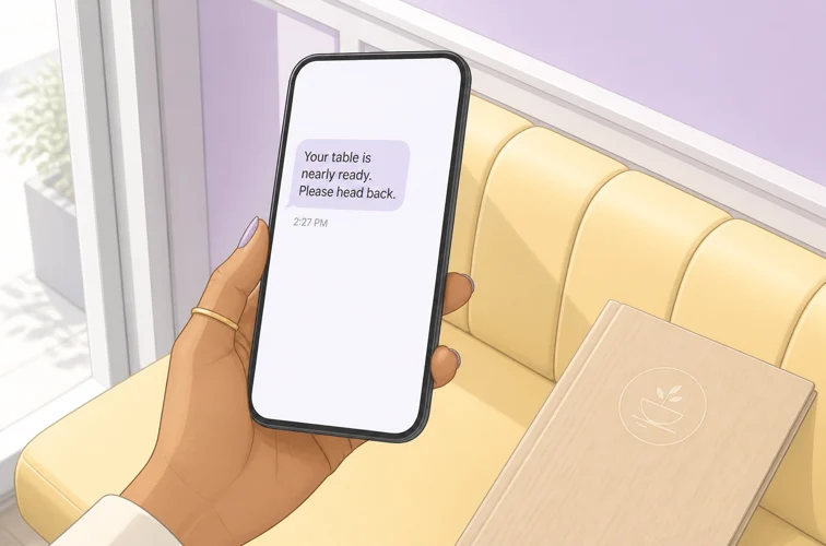 Waiting guest holds a phone showing a message that the table is nearly ready