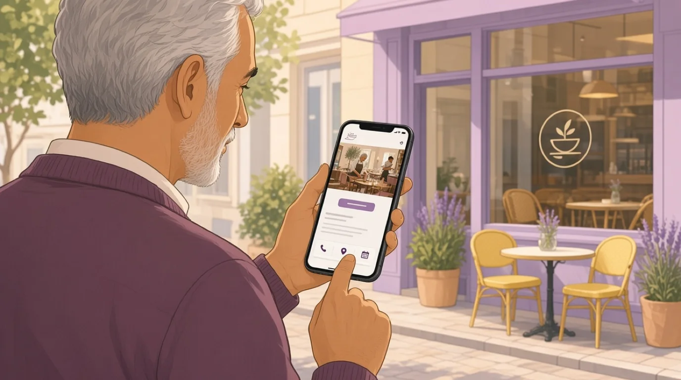 An older man outside a lilac restaurant front taps the booking bar on a phone homepage