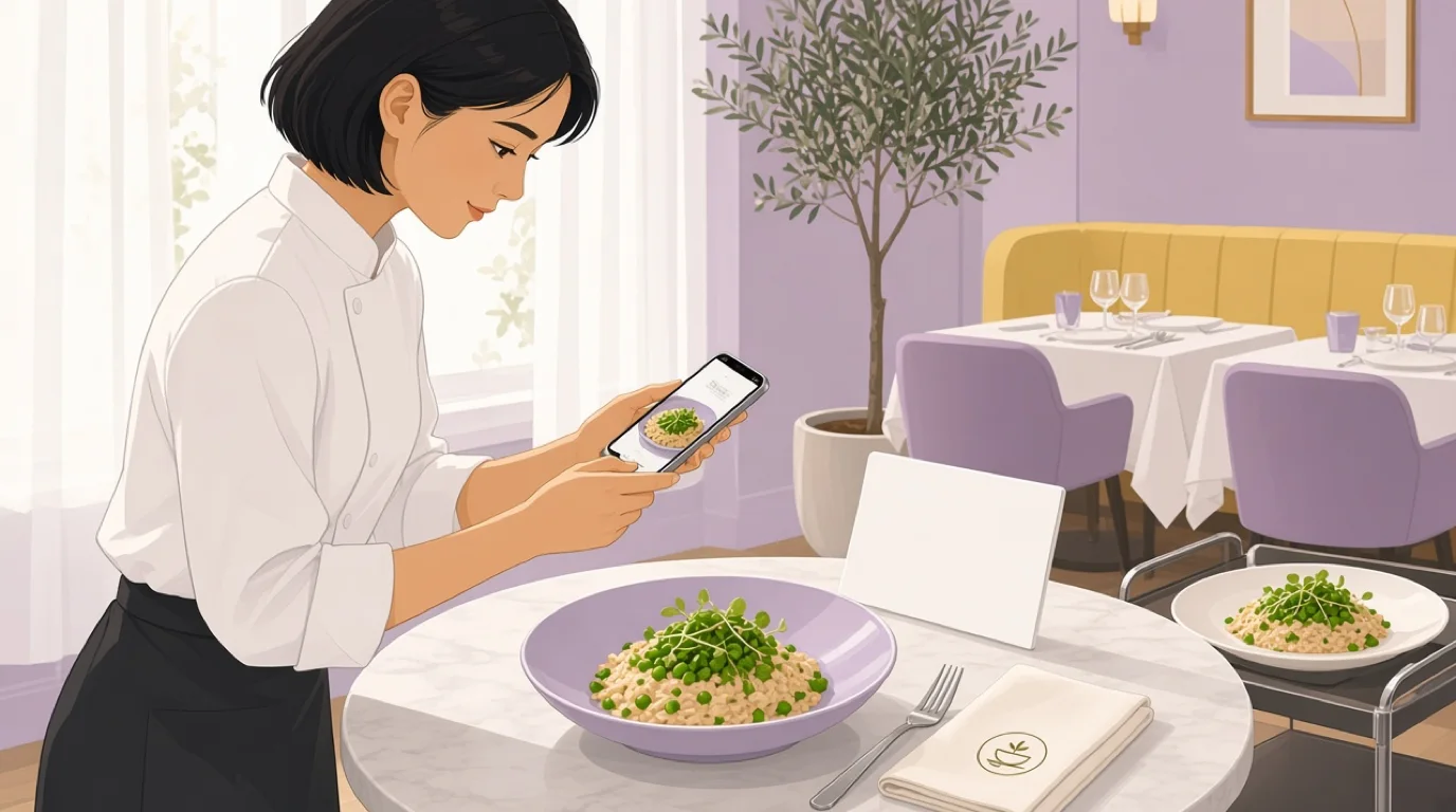 A chef photographs a bowl of pea risotto by a curtained window in an empty dining room