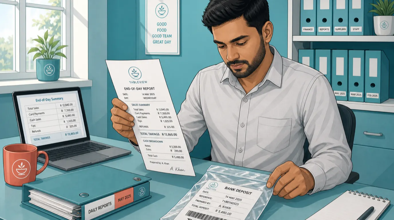 A manager checks a printed end of day report against a sealed bank deposit bag