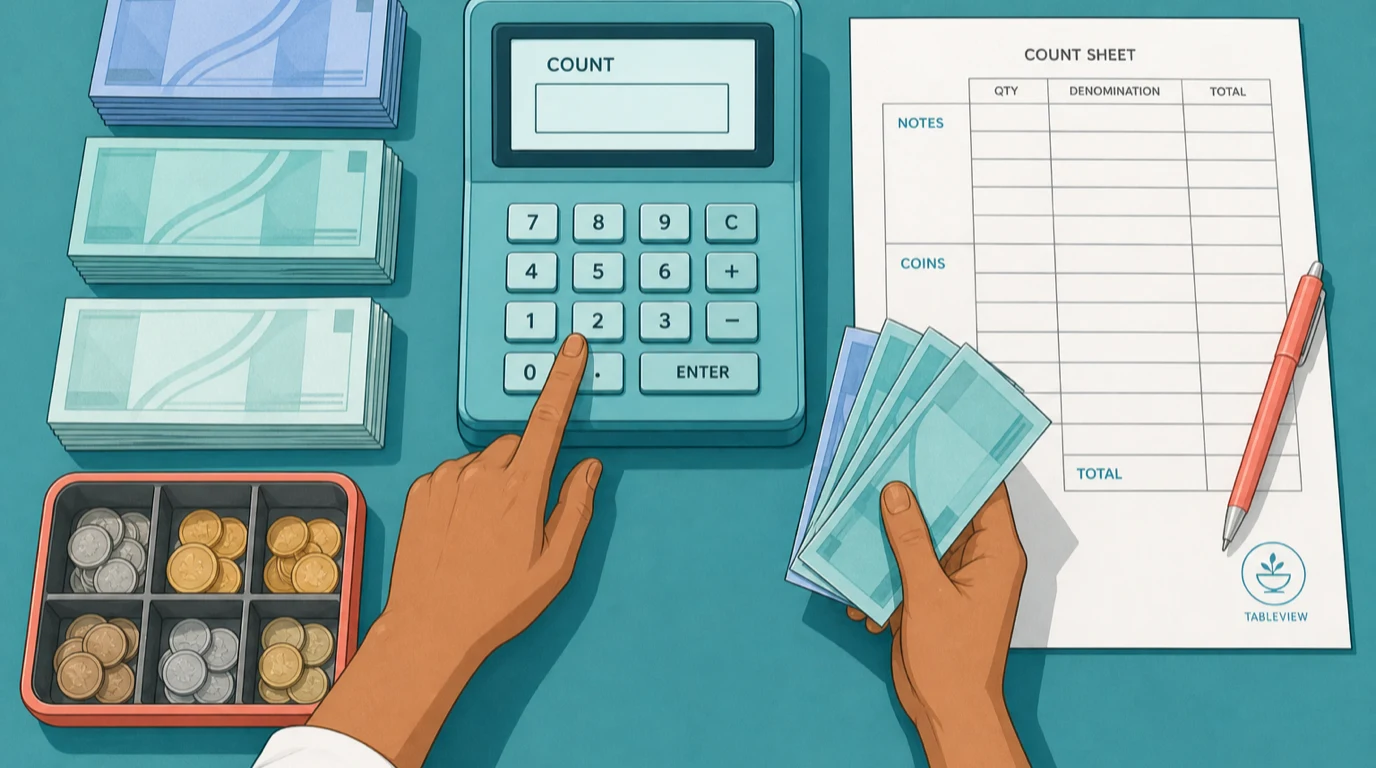 Hands key a cash count into a till showing an empty count field, sorted notes alongside
