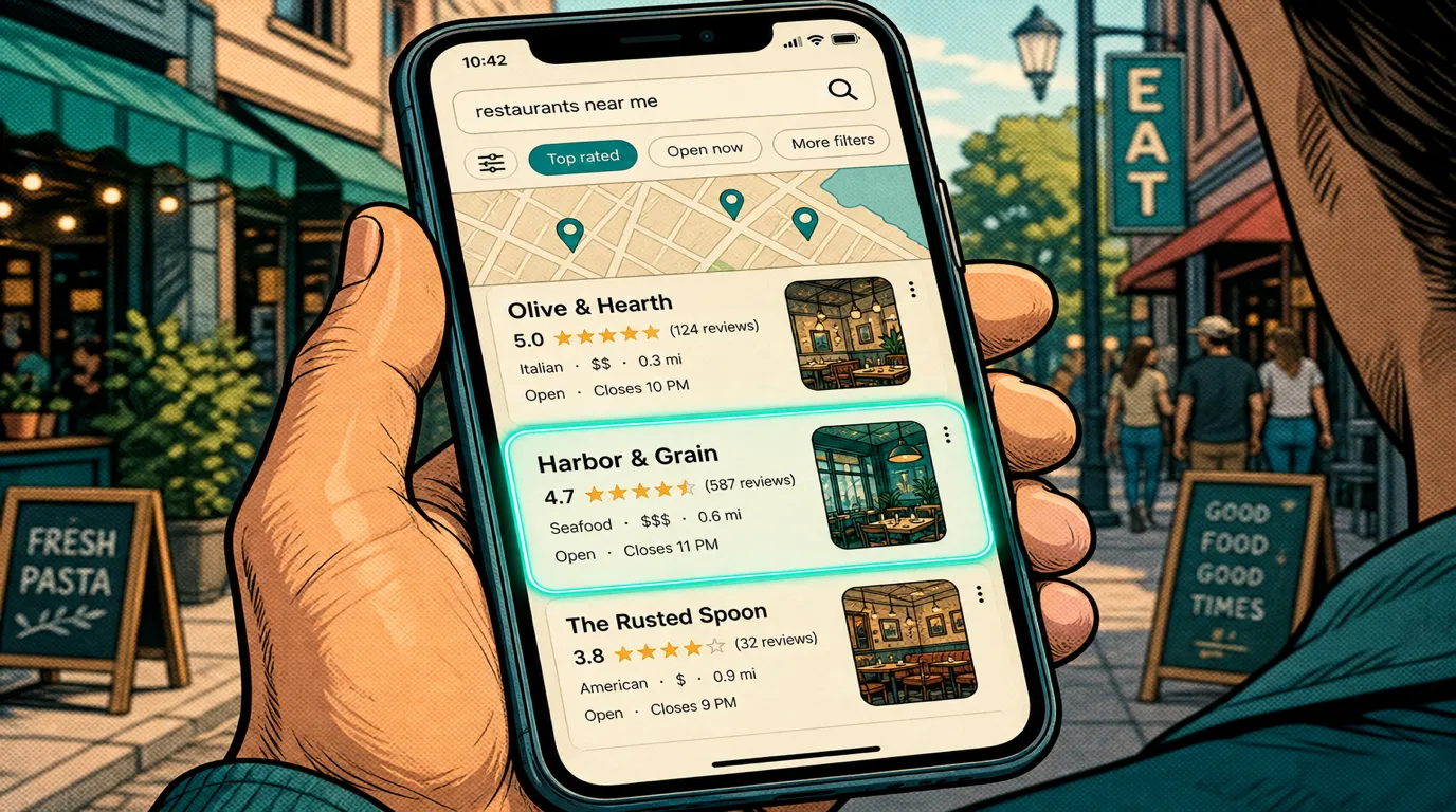 Google local pack search result on a phone showing three restaurants with star ratings and review counts