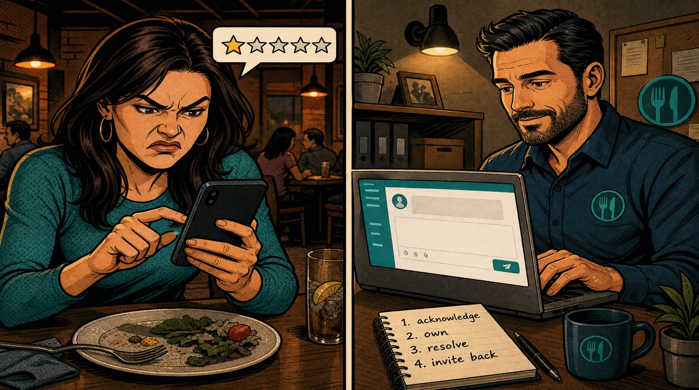 Frustrated diner about to leave a one-star review on the left, calm restaurant manager crafting a thoughtful reply on the right