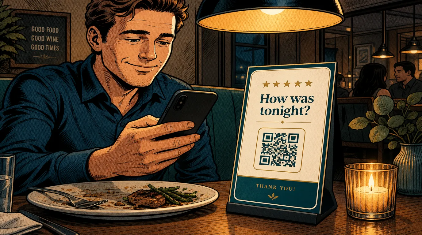 Guest scanning a tabletop QR review request card with their phone after a meal