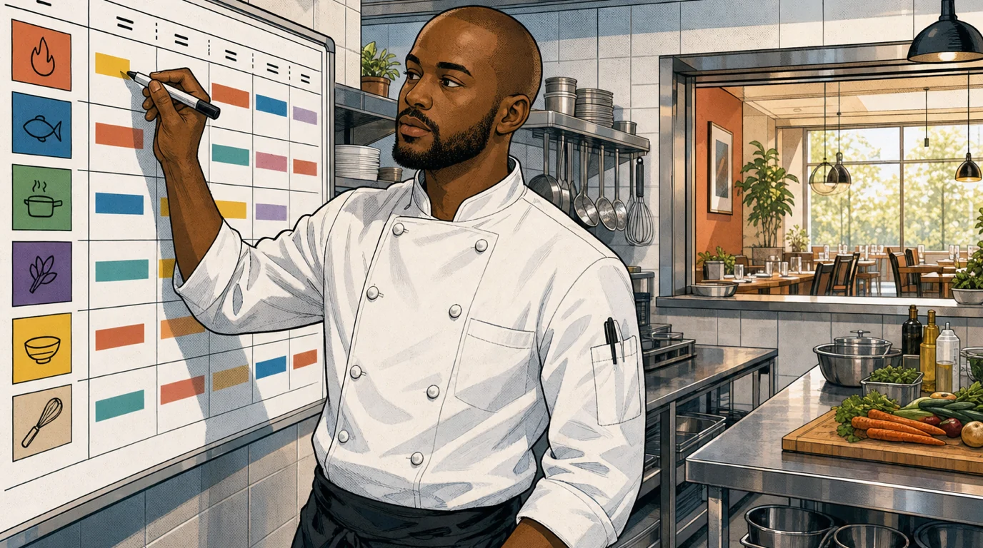 Sous-chef writing the BOH line schedule on a kitchen whiteboard with daypart blocks