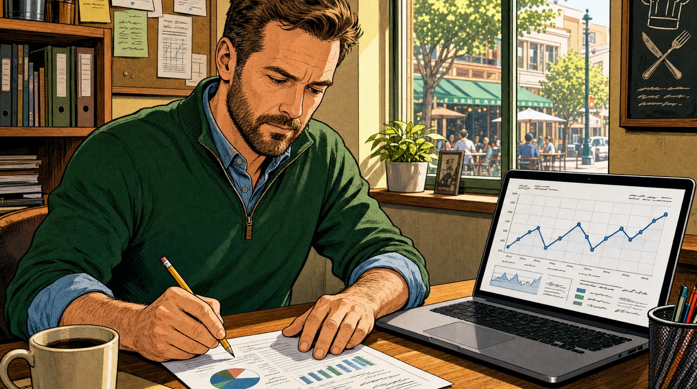 Restaurant manager reviewing the weekly sales forecast on a laptop with the schedule open beside it