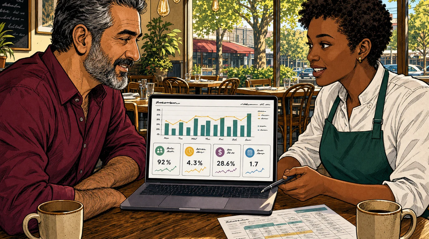 Restaurant owner and GM reviewing weekly scheduling KPIs together on a dashboard