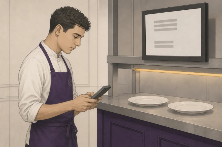Waiter sending an order from a handheld terminal as the ticket appears on a kitchen display screen
