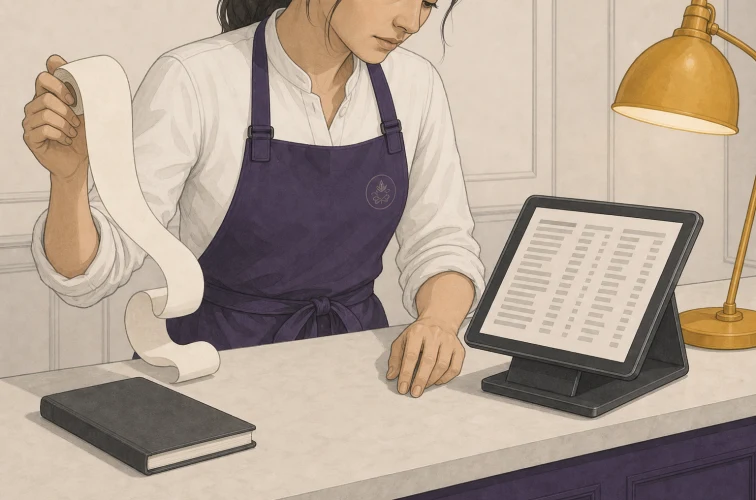 Restaurant manager holding a blank paper receipt roll beside a point of sale terminal showing an itemised sales report