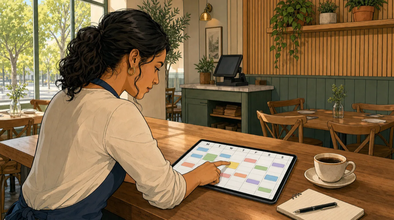 Restaurant manager reviewing the weekly labor schedule on a tablet at a sunlit table